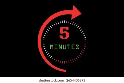 Icono de temporizador de 5 minutos. firme durante cinco minutos. La flecha indica el tiempo de cocción limitado o la fecha límite para un evento o tarea. Ilustración vectorial. eps