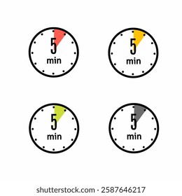 5 Minute timer icons. sign for five minutes. the limited cooking time or deadline for an event or task.Vector illustration.modern flat design. Clock, stop watch, chronometer showing five minutes label