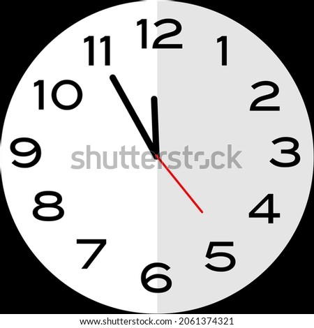 5 minutes to 12 o'clock or Five minutes to twelve o'clock or Five minutes to midnight analog clock. Icon design use illustration flat design