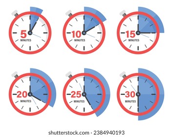 From 5 minutes to 30 minutes on stopwatch icon in flat style. Clock face timer vector illustration on isolated background. Countdown sign business concept.