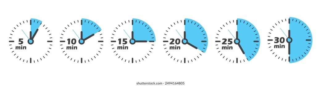 From 5 minutes to 30 minutes on stopwatch icon in flat style. Clock face timer vector illustration on isolated background. Countdown sign business concept.