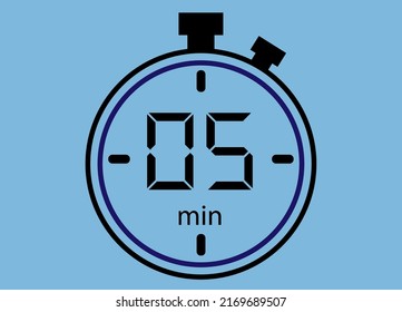 5 minutes icon isolated on blue background. Watch, timer, countdown symbol.