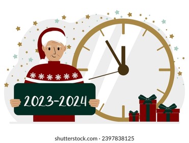 5 minutes for the new year. A man holds a poster with the text 2023-2024.
