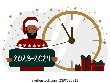 5 minutes for the new year. A man holds a poster with the text 2023-2024.