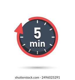 5 minutes on stopwatch icon in flat style. Clock face timer vector illustration on isolated background. Countdown sign business concept.