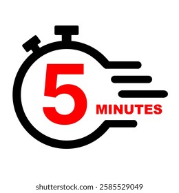 5 minutes stopwatch icon. Stop watch clip art on black and red vector. Services time graphic design