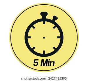5 minutes stopwatch symbol. Timer sign icon yellow and black isolated on white background