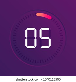 The 5 minutes, stopwatch vector icon, digital timer. Vector digital count down circle board with circle time pie diagram. Watch outline style design, designed for web and app.