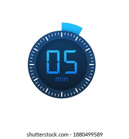 The 5 minutes, stopwatch vector icon. Stopwatch icon in flat style on a white background. Vector stock illustration.