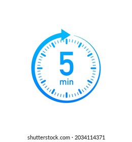 The 5 minutes, stopwatch vector icon. Stopwatch icon in flat style, timer on on color background. Vector illustration.