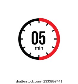 The 5 minutes, stopwatch vector icon. Stopwatch icon in flat style on a white background. Vector stock illustration.