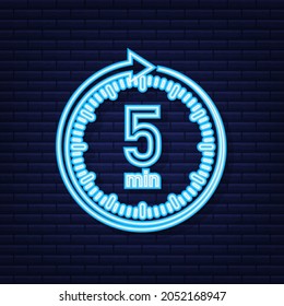The 5 minutes, stopwatch vector neon icon. Stopwatch icon in flat style, timer on on color background. Vector illustration.