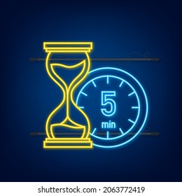 The 5 minutes, stopwatch vector neon icon. Stopwatch icon in flat style, timer on on color background. Vector illustration.