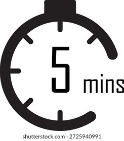 5 Minuten Zeit. Zeitmessung. Chronometer, Vektorsymbol, schwarz, einzeln auf weißem Hintergrund.
