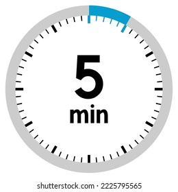 5 minutos, concepto de tiempo, temporizador, ilustración de reloj, vector.