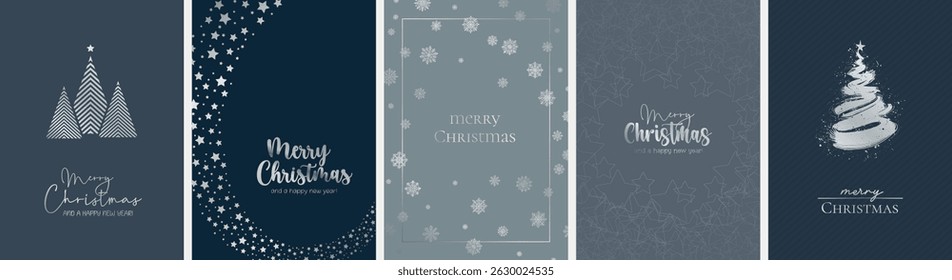 5 modern and festive Christmas card designs (DIN format) featuring the phrase "Merry Christmas". Beautiful typography, fonts, and symbols fully converted to outlines.