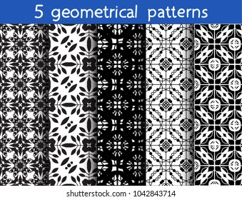 5 monochrome seamless patterns for universal background. Endless texture can be used for wallpaper, pattern fill, web page background. Vector illustration for web design.