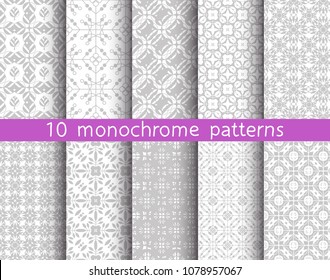 5 monochrome seamless patterns for universal background. Endless texture can be used for wallpaper, pattern fill, web page background. Vector illustration for web design.