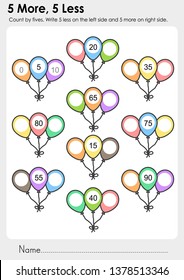 5 More, 5 Less Worksheet for education. -  Count by fives. Write 5 less on the left side and 5 more on right side. 