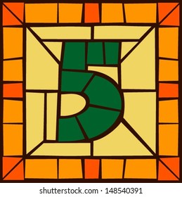 5 - Mosaic numbers, stained glass windows with frame or tile design, vector illustration