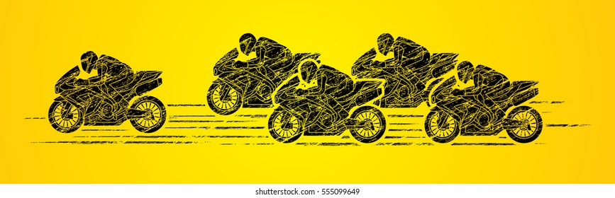 5 Motorcycles racing side view designed using grunge brush graphic vector.