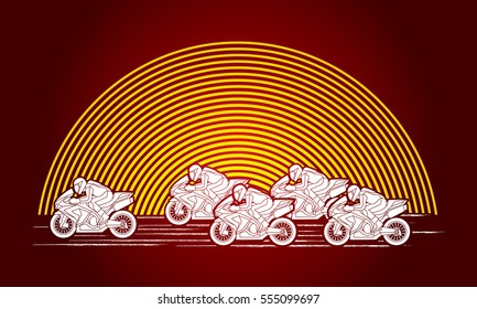 5 Motorcycles racing side view designed on sunlight graphic vector.
