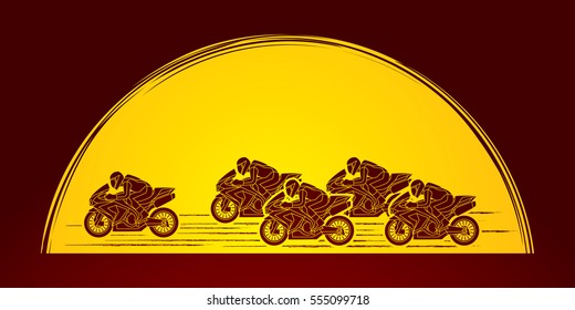 5 Motorcycles racing side view designed on moonlight graphic vector.