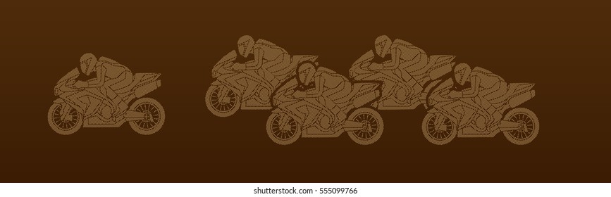 5 Motorcycles racing side view designed using dots pixels graphic vector.