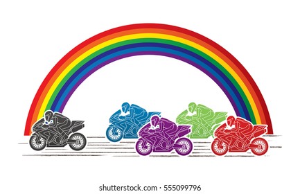 5 Motorcycles racing side view with rainbows graphic vector.