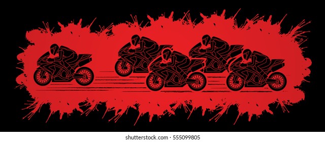 5 Motorcycles racing side view designed on splatter blood graphic vector.