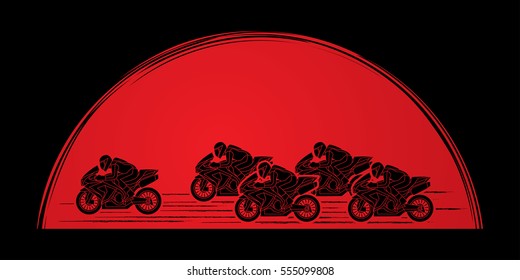 5 Motorcycles racing side view designed on sunrise graphic vector.