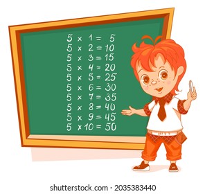 5 multiplication table chalkboard boy student write example. Vector cartoon illustration isolated on white