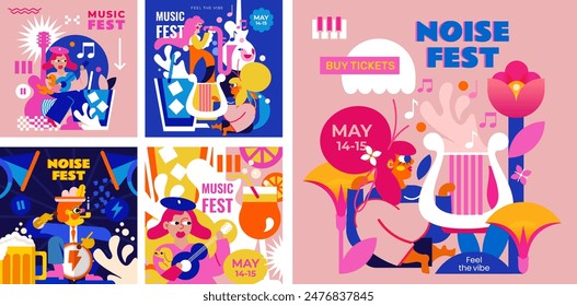 5 music festival templates. Cool drinks, musical instruments, people playing and enjoying music. The design is perfect for jazz, Oktoberfest, outdoor festivals and more