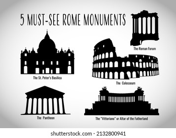 5 must-see Rome monuments vector hand drawn monocrome black silhouette set