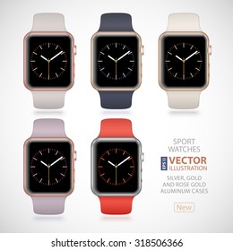 5 new modern shiny sport smart watches with antique white, midnight blue, lavender, stone and orange plastic bands and digital clock faces isolated on white background. RGB EPS 10 vector illustration