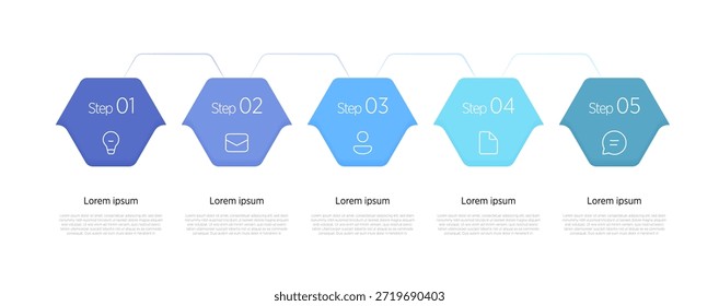 Una infografía de 5 nuevos pasos presenta una secuencia de cinco nuevas etapas utilizando elementos visuales modernos como flechas escalonadas, círculos en capas o caminos ondulados para representar procesos, líneas de tiempo o crecimiento en las presentaciones.