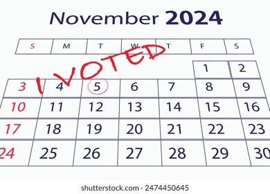 5 November 2024 American presidential election date highlighted on calendar with text "I voted". US presidential election will take place on November 5.
