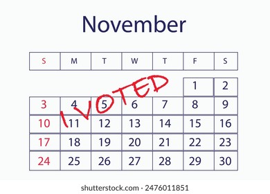 5 November 2024 American presidential election date highlighted on calendar with text "I voted". US presidential election will take place on November 5.