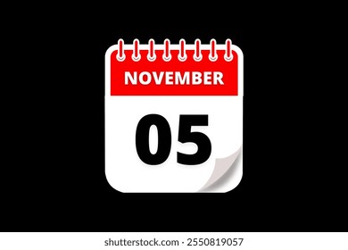 5 November calendar icon text page monthly web design on red, white and black background vector, icon, or illustration with the month of November 5