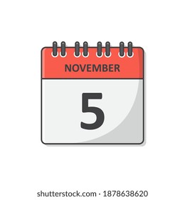 Ilustración de iconos vectores del calendario del 5 de noviembre. Icono plano diario del calendario
