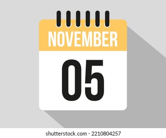 5 November calendar vector icon. Yellow november date for the days of the month and week