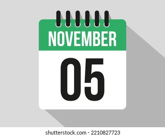 5 November calendar vector icon. Green November date for the days of the month and week
