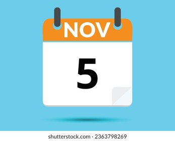 5 November. Flat icon calendar isolated on blue background. Vector illustration.