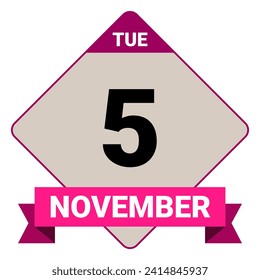 5 November, Tuesday. Date template. Useful design for calendar or event promotion. Vector illustration EPS 10 File. Isolated on white background. 