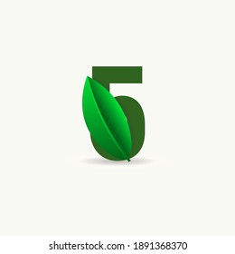 5 number eco logo with leaf. Vector font for nature posters, eco friendly emblem, vegan identity, herbal and botanical cards etc.