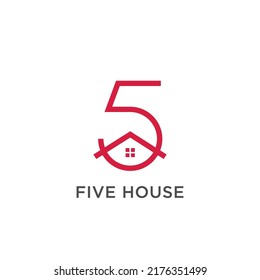 5 number five with roof house creative idea minimal logo icon sign symbol design concept. Vector illustration