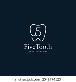 5 Number five with tooth logo design concept in minimal line art monoline icon vector illustration template