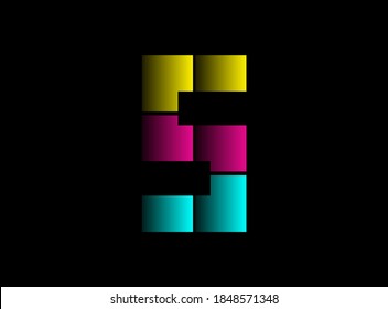 Fuente de 5 números, logotipo vectorial hecho de color Cmyk. Color dinámico de color azul, rosa, amarillo sobre fondo negro. Para medios sociales, elementos de diseño, afiche creativo, plantilla web, etc.                       