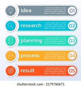5 number list template. Five step business layout with text banners, numbers and icons. Modern info graphic design. Presentation, chart, brochure concept with 3d elements. Vector illustration.
