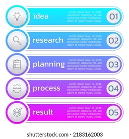 5 number list template. Five step business layout with text banners, numbers and icons. Modern info graphic design. Presentation, chart, brochure concept. Vector illustration.